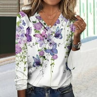 Košulje s dugim rukavima za žensko modno cvjetno tiskovi za cvjetni print V izrez Tanak Fit Plus veličine na vrhu casual comen ženskih bluza
