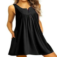 Rejlun Women Mini haljina dugmeta Sundress Solid Bohemian Loose Swing Comfy Holiday A-Line Black 2xl