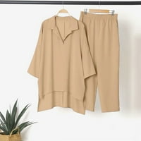 LisingTool Žene Solid Color Suit V izrez Nine majica s rukavima devet bodova Hlače Dva Set Bež