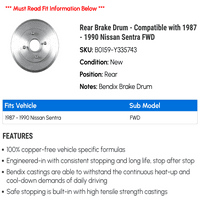 Zadnji kočni bubanj - kompatibilan sa - Nissan Sentra FWD 1989