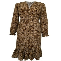 Luxplum žene midi haljina Leopard Print ruffres haljine V izrez labavi odmor kaki m