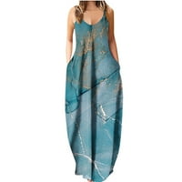 Finelylove Flowy Maxi haljina ugrađena haljina za sunčanje s dugim rukavima otisnuto nebo plavi xxl