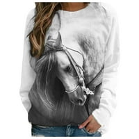 Košulje s dugim rukavima za žene Jeseni modni konjski životinje Ispis Crewneck Duksevi Grafički teže
