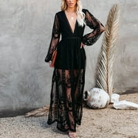 Lolmot Maxi haljine za žene modna seksi haljina patchwork šuplje čipkave spajanje dugih rukava V izrez