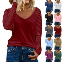 Ženska V izrez Striped mrežaste mreže dugih rukava majica sa labavim tuničkim pulovernim bluzama