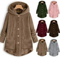 Zimski kaputi za žene plus veličine plišani gumb teddy kaput prema dolje s kapuljačom na gornjoj odjeći na velikim runovima sa džepovima