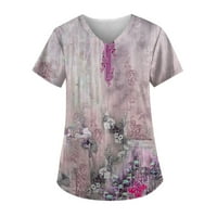 Hanas vrhovi ženske retro tiskane radne odjeće V-izrez plus veličina majica s džepovima svijetlo ljubičasta