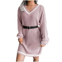 Jesenske haljine za žene ženske modne casual labavo pune boje V-izrez džemper pletene haljine ružičaste
