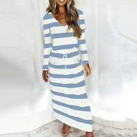 Ljetne haljine kratki rukav trak za ispis V-izrez dugi džep duga haljina svijetlo plava