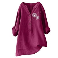 Charella ženska štamparija Ležerna majica Dugme s dugim rukavima V-izrez pamučne line za bluze vino,