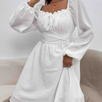 Haljina za žene, ženska modna boja četvorna vrata dugih rukava visoka struka haljina bijela l