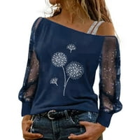 T majice za žene Žene Ležerne prilike D Andelion Mrežna mreža dugih rukava hladna ramena majica bluza za bluze Wemens t majice plava + xl