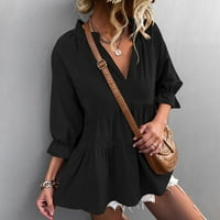Ženski ljetni bluze V-izrez bluza s čvrstim rukavima Crni XL