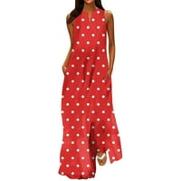 Slobodne haljine za žene tiskane udobne struk Ljetna gležnjana dužina zarez vrata za sunčanje haljina bez rukava crvena xxxl