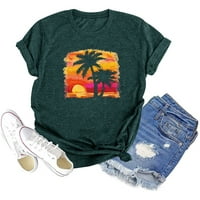 ANBECH Sunset ženska majica Pine Tree majica s plažom Grafički tee Labavi ispis Casual kratkih rukava