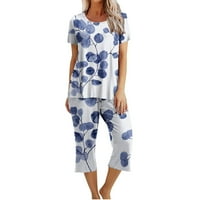 Daqian ženska odjeća setovi ljetni ženski ispis okruglih vrata kratkih rukava za spavanje i hlače za spavanje Loungewear pidžama sa džepovima Ženske plus veličine vrhova Clearence Plava 6