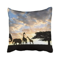 Crni safari Silhouette Slonovi sa žirafom na suncu Narančasta Afrika Životinjski jastučni jastuk jastuk