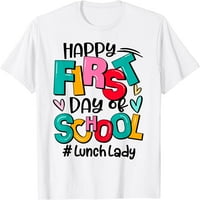 Sretan prvi dan školske ručke dame smiješno nazad u školsku majicu bijeli medij