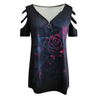 Ženske bluze vrhove Dressy 3D ruže tiskane vrhove za žene Ležerne prilike Ljeto V izrez Plus veličine Tunički ženski kratki rukav zabottni hladni ramena Grafički zip majice Trendy
