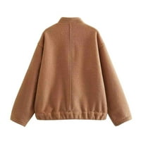 Wyongtao ženska jakna od runa pune boje dugih rukava, casual patent up bomber kaput, smeđe s