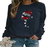 Anbech Crveno vino staklene žene dukserice božićne majice dugih rukava Santa Hat Crewneck Top grafički