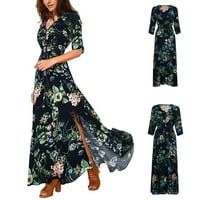 Yinguo ženski ljetni gumb up up podijeljeni cvjetni pamučni tesseli Flowy Party maxi duga haljina