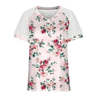 Majice za žene cvjetni print puff na vrhu vrhova čipka majica casual labave t majice bluze, vruće ružičaste