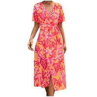 Dianli Womens Široko kratkih rukava V izrez Empire struk cvjetni print haljina visokog proreza Maxi