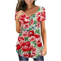 Ženske modne majice Dugme V-izrez Boho cvijeće vrhovi cvijeća na plesovima Flowy Tunic Bluze s kratkim rukavima Tees Control odjeća za djevojke Crvena XL