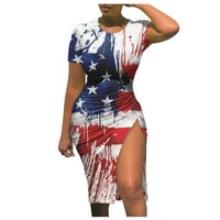 Ženska Boho Slim Fit Wrap Split Maxi Haljina Američka zastava Štampano ljeto Kratki rukav Okrugli haljina