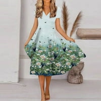 Haljine za žene Ljetna casual haljina cvjetna V-izrez kratki rukav A-line haljina Srednja duljina labave