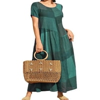 Haite Ladies Sundress Geometric Maxi haljine Crew vrat ljeta duga haljina Ženska kratka rukava zelena