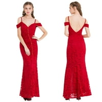 Angel-Fashions Red Crvena čipka vjenčana stranačke ženske ženske špagete remen za čamcu Perling Dugi