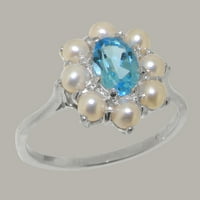 Britanci napravio je 10k bijeli zlatni prirodni plavi topaz i kultivirani biserni ženski prsten - veličine
