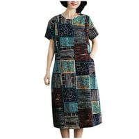 UUBLIK Ženska etnička retro haljina kratki rukav okrugli vrat Patchwork Print mini haljina sa džepovima