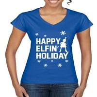 Happy Elfin Holiday ružni božićni džemper ženski vući V-izrez Tee, crvena, srednja