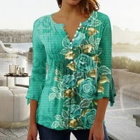 Ženski vrhovi gumb s kratkim rukavima bluza cvjetni V-izrez zeleni xl
