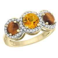 14K žuti zlatni prirodni citrinski citrinski i tigar oko 3-kameni prsten dijamantski akcenti, veličina