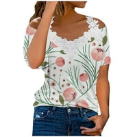 Žene vrhovi Ljetna casual majica hladnom ramenu kratki rukav čipka V izrez Flora Print Tunic Tuns