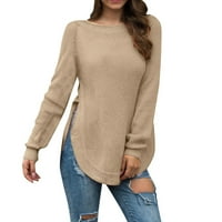 Dukseteri za ženske ležerne prilike s dugim rukavima Solid Color Crewneck Bočni prorez Knit džemper Pulover Žene vrhovi džemperi za žene pulover džemper khaki xl