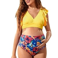 Ruffle rukave za žene za žene Tummy Control tropsko list Print bikini dno dvije ženske kupaćih odijela