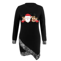 Božićne haljine za žene casual okrugli vrat dugih rukava nepravilna haljina za ispis, crna, xl