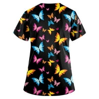 Ženske košulje Žene modni leptir Ispiši V-izrez Radna odjeća s kratkim rukavima s džepovima Crni XL
