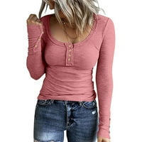 Bazyrey ženski dugi rukav ženski schoop vrat čvrste bluze modne labave tuničke majice ružičaste s