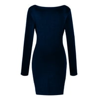 Jesenske haljine za žensku haljinu čista boja V-izreznim šljokicama dugih rukava za zabavu mini haljine plavi m