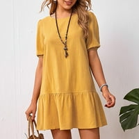 Ženska ljetna haljina od pamučne posteljine okrugli vrat kratki rukav haljina s kratkim rukavima žuti