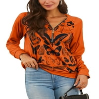 Niuer Women Butterfly Print pulover Bluza Top dugih rukava Zip V izrez Tunic Plus Veličina Ležerne prilike