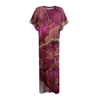 Haljine za žene tiskane okrugli declet maxi dužina gležnja, ljetna haljina kratkih rukava Cyan 2xl