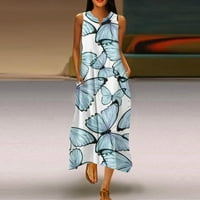 Ženske haljine klirence bez rukava Maxi modni ispisani A-linijski ljetni haljina V-izrez svijetlo plava