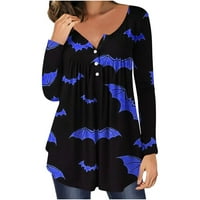 Pyju Tjedni ponude Plus veličine tuničkih vrhova za žene, Halloween Bat Print Casual dugih rukava Pleased bluza Henley V Crt Dugme Majica Labava točna odjeća za gajine S - 4xL
